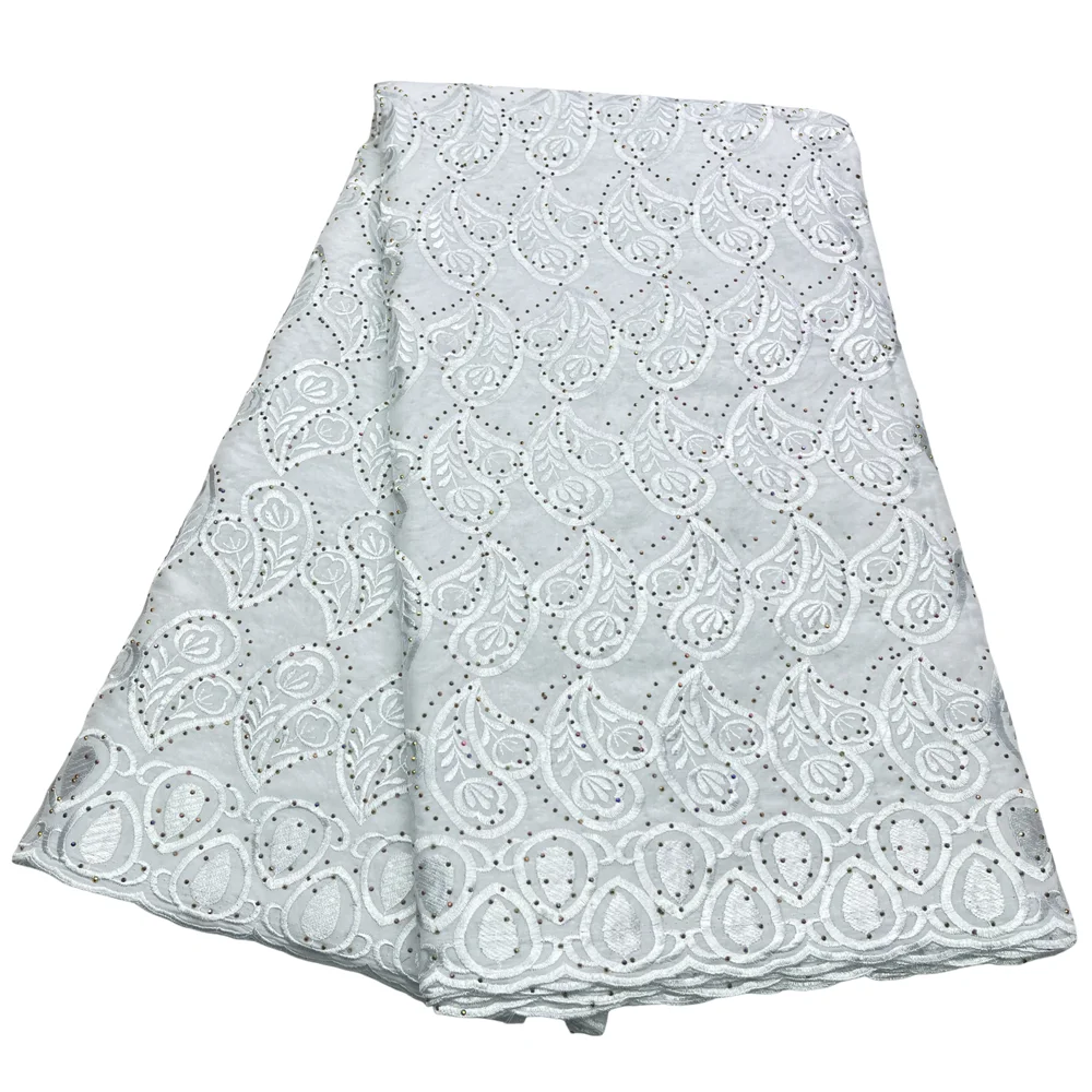Latest Design African Cotton Lace Fabric 5 Yards Hot Sales Swiss Voile Lace Fabric With Stones For Women Sew Dresses 23A140