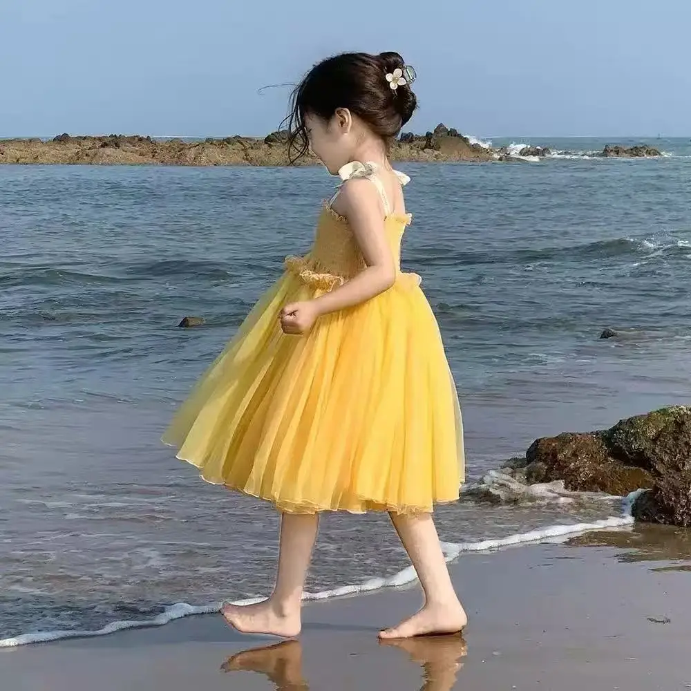 

2026 New Summer Fashion Yellow Tulle Puffy Dress for Girls Baby Children's Clothing Elegant Dress for Little Girls