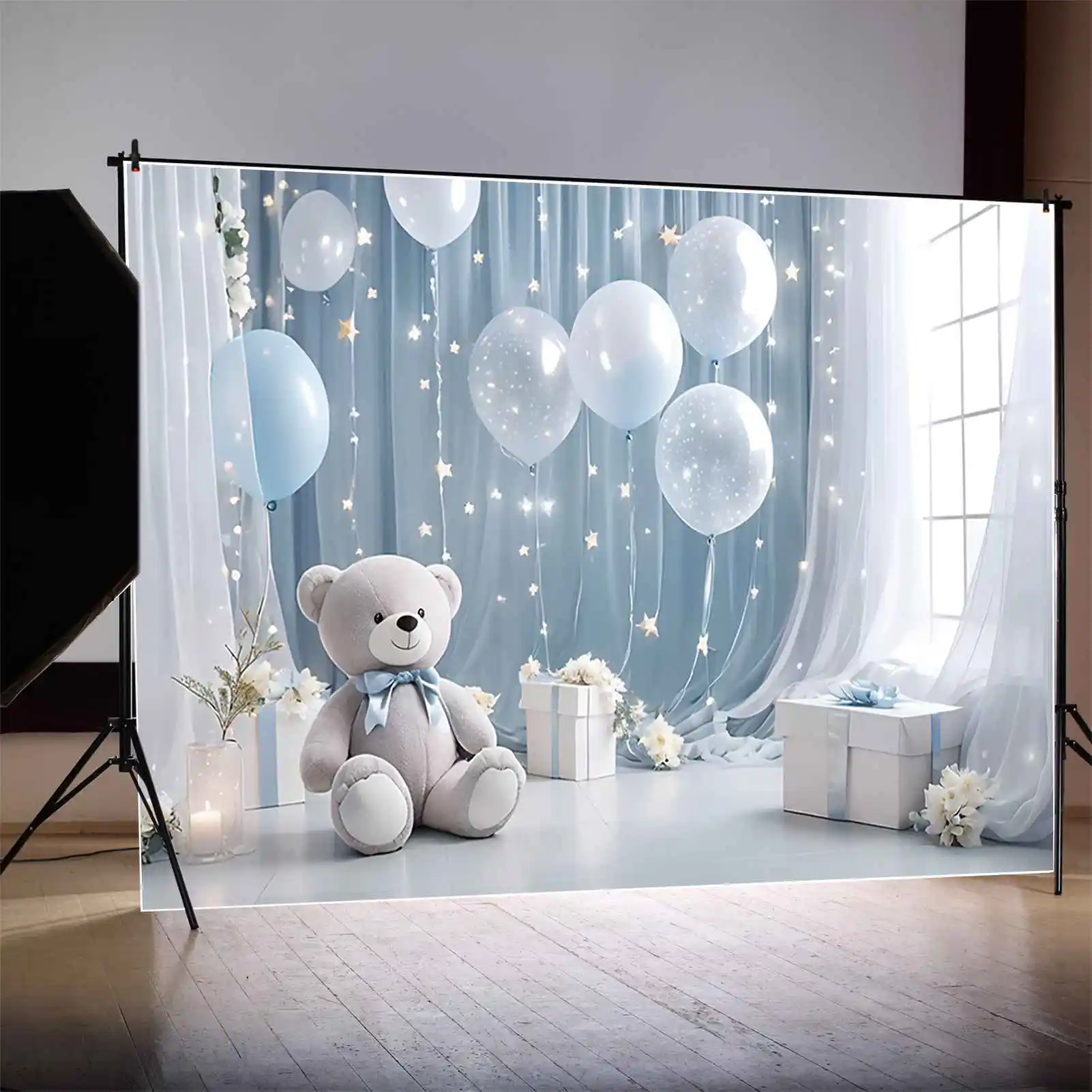 MOON.QG Blue White Curtain One Birthday Background Boy Draping Cloth Teddy Bear Balloon Backdrop Custom Party Photocall Props