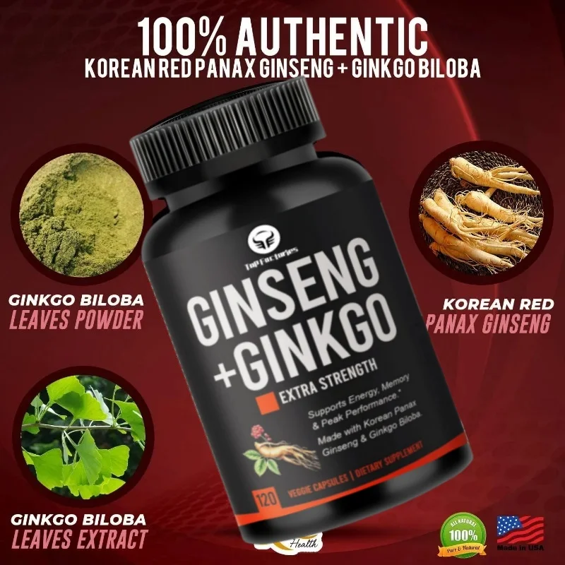 Panax-Ginseng et Ginkgo Biloba Complexe Capsules, avec Extrait de Ginseng Rouge Coréen, Boost du Cerveau et Support de Mémoire, Vegan, 120 Capsules