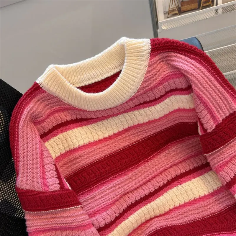 Autumn and Winter New Stripe Fried Dough Twists Long Sleeve Knit Sweater Women's Vintage Lazy Style Versatile Loose Top