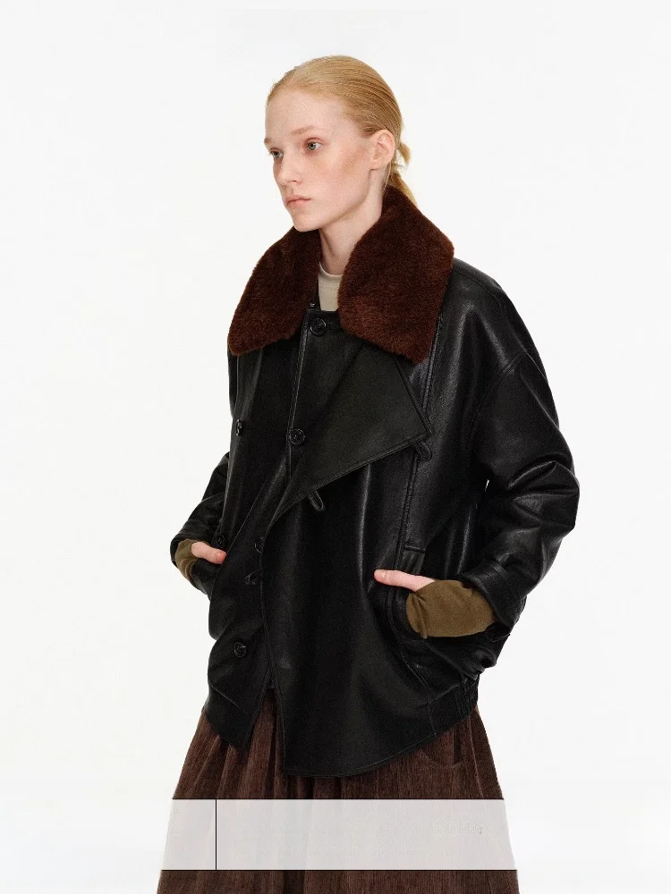 

Age of Ascent Vintage Detachable Fur Collar Thi Warm Motorcycle Sle Leather Jaet Women's Faion Winter Coat PU Leather