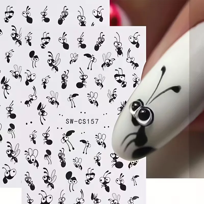 ملصقات أظافر النمل الكرتونية اللطيفة - شارات راتينج ذاتية اللصق غير لامعة لأظافر الأصابع وأظافر القدم، باللونين الأسود والأبيض #5