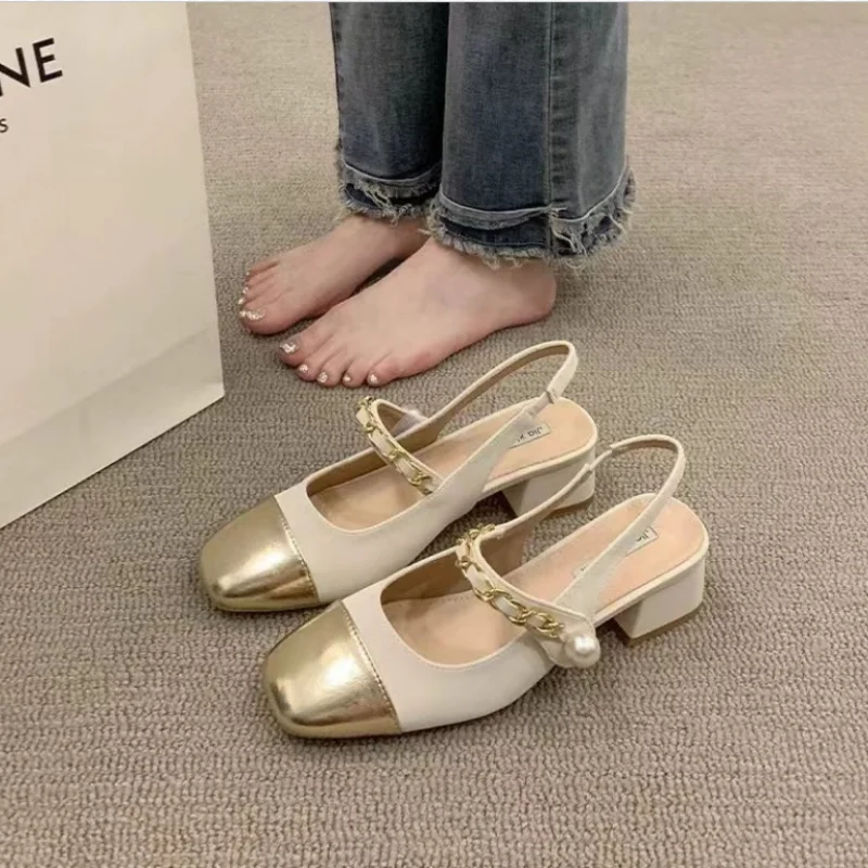 Women's Elegant High Heel Sandals New 2024 Spring Summer Fashionable Thick Middle Heel Mary Jane Shoes Flat French Style