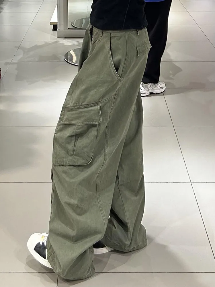 Loose Green Wide Leg Pants Men's Casual Vintage Folded Design High Street Style Comfortable Loose Fit Trousers for Men