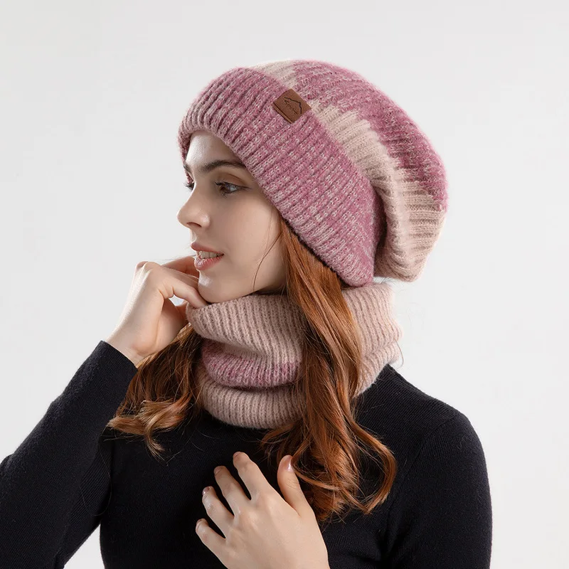 Conjunto de gorros de punto para mujer, dos colores, cálido, informal, a prueba de viento, grueso, bufanda suave, gorro de invierno