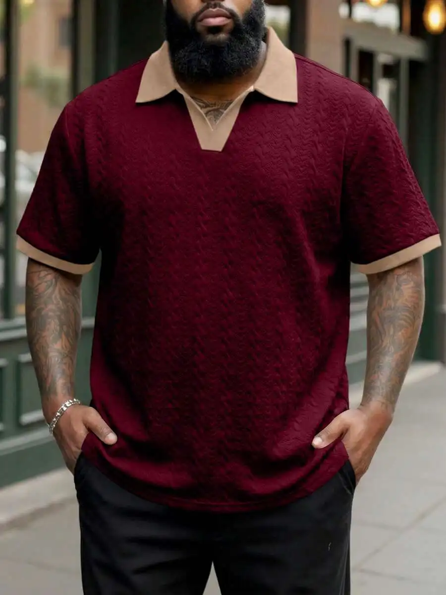 Plus Size Men Contrast Color Shirt, Short Sleeve Cream Top Men Men Crochet Shirts Men Buttoned Knitted V Neck Sweater Short