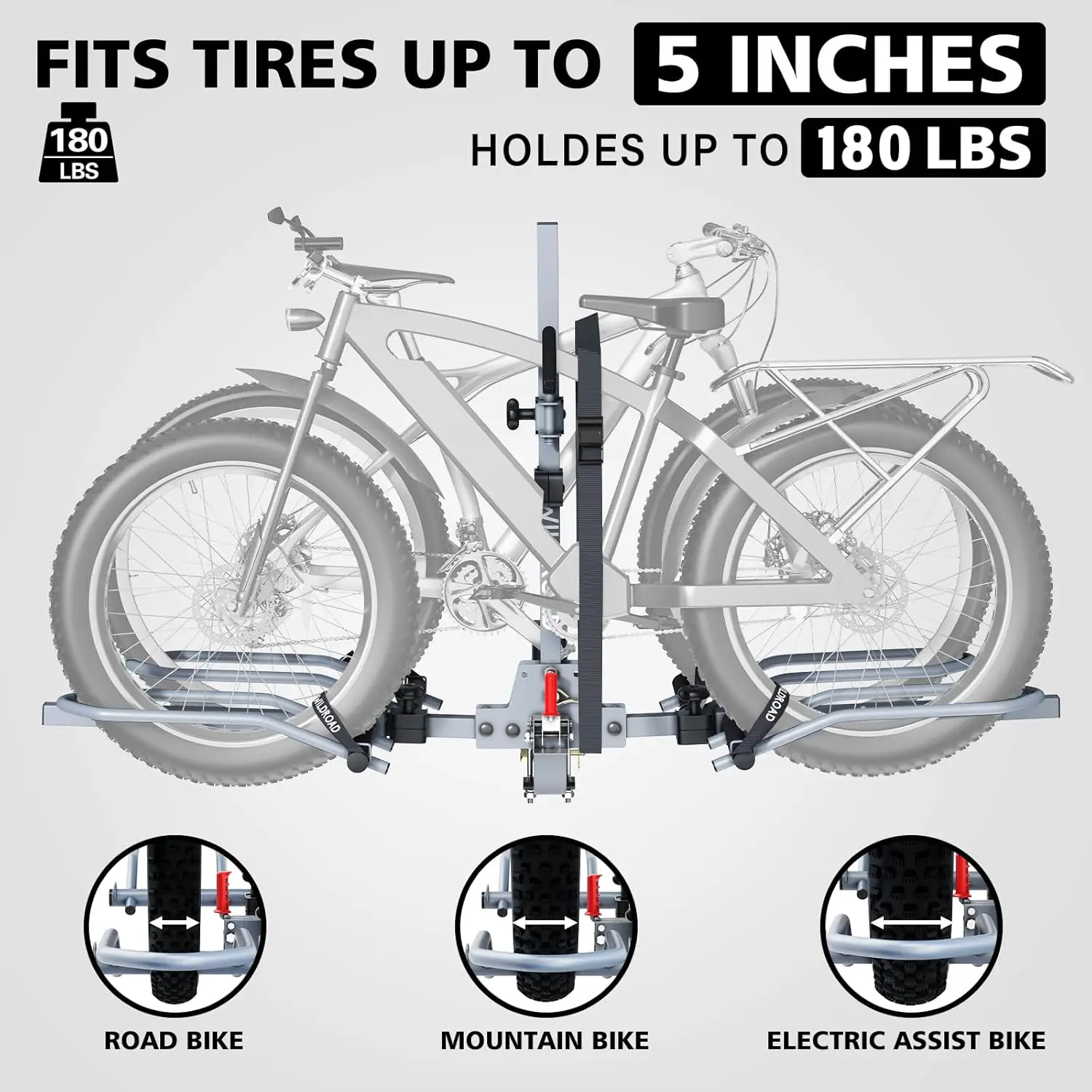 Foldable 2-Bike Hitch Rack for Car, Quick Release Handle, Tilting Design Fits Standard, Fat Tire and E-Bikes, 180 lbs Capacity