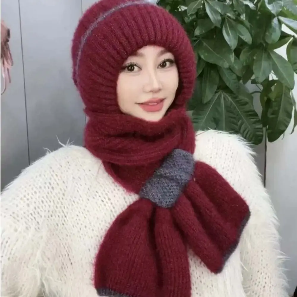 Patchwork Design Knitted Hat Scarf Set Windproof Fleece Lined Balaclava Neck Warmer All In One Thick Knit Hooded Scarf Hat