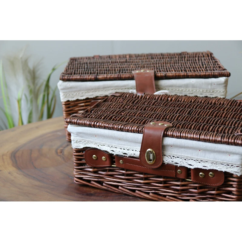 Idyllic Style Portable Coffee-colored Wicker Storage Boxes with Lining