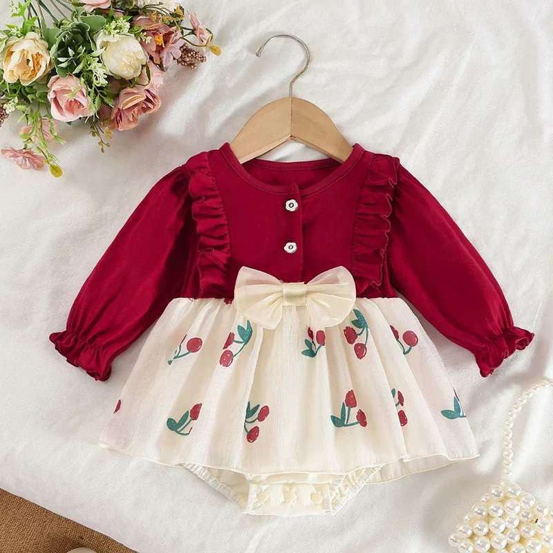 2026 New Spring Infant Baby Girls Jumpsuit Long Sleeved Cotton Splicing Newborn Baby Girls Bodysuits 0-24M Children Clothes