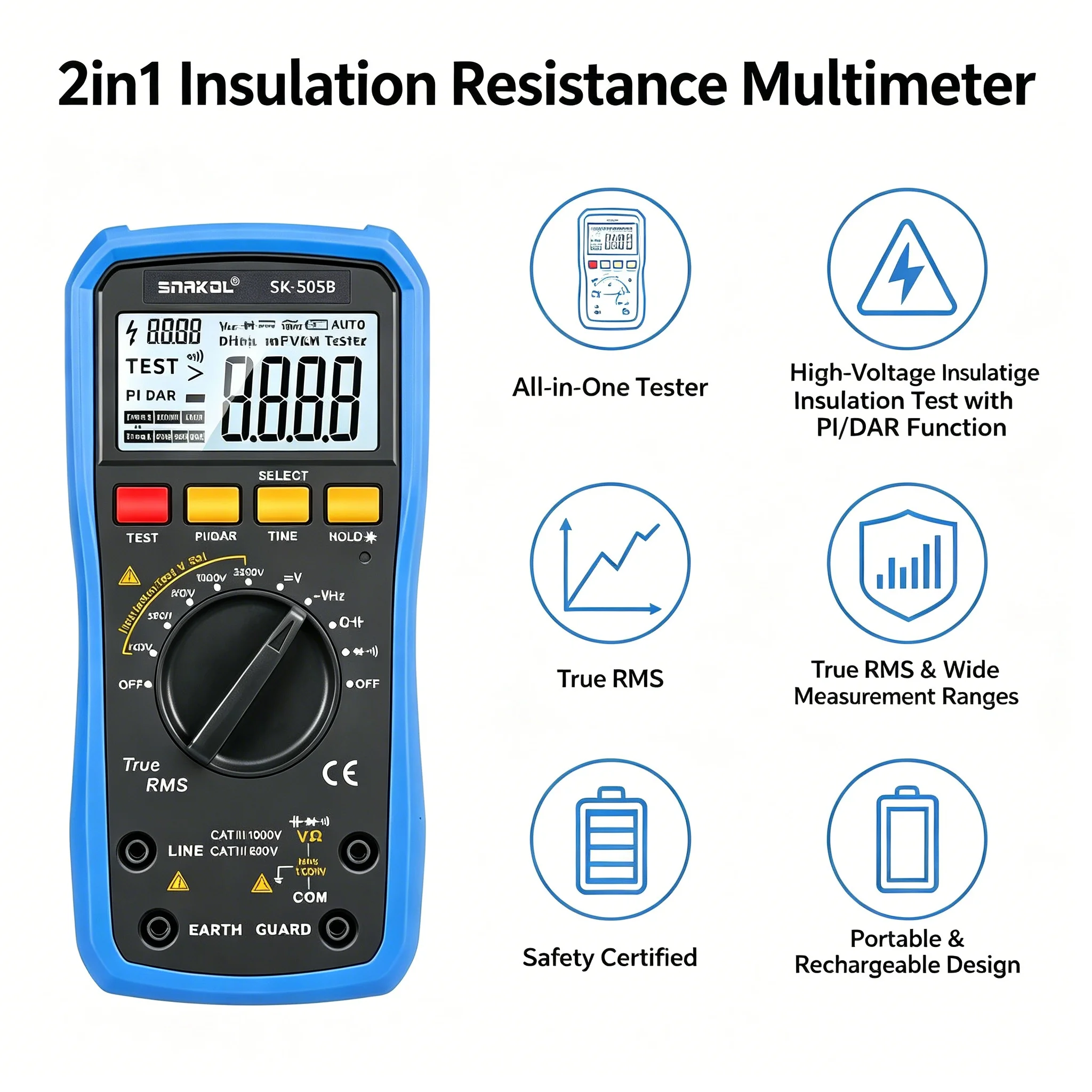 2in1 Insulation Resistance Multimeter CAT IV 600V Li-ion Rechargeable Electrical Test Meter