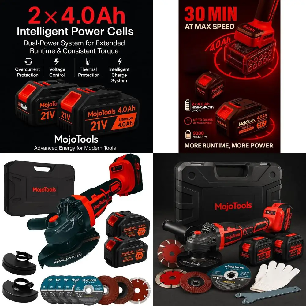 

4.5 21V Cordless Angle Grinder Kit, 9000 RPM, 2x4.0Ah Batteries, Fast Charger, 8 Discs, Dual Guards, Side Handle & Wrench