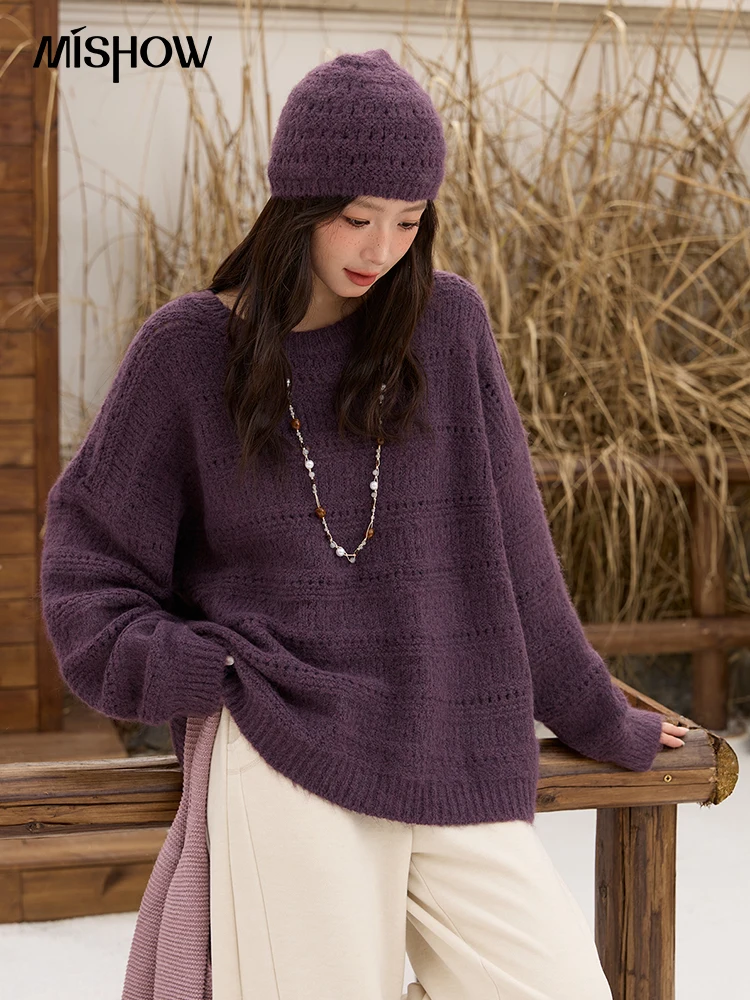 

MISHOW фиолетовый свитер с круглым вырезом, женский костюм с шапкой, осень-зима 2022, ретро, простые толстые пуловеры для поездок на работу, женские MXE51Z2704