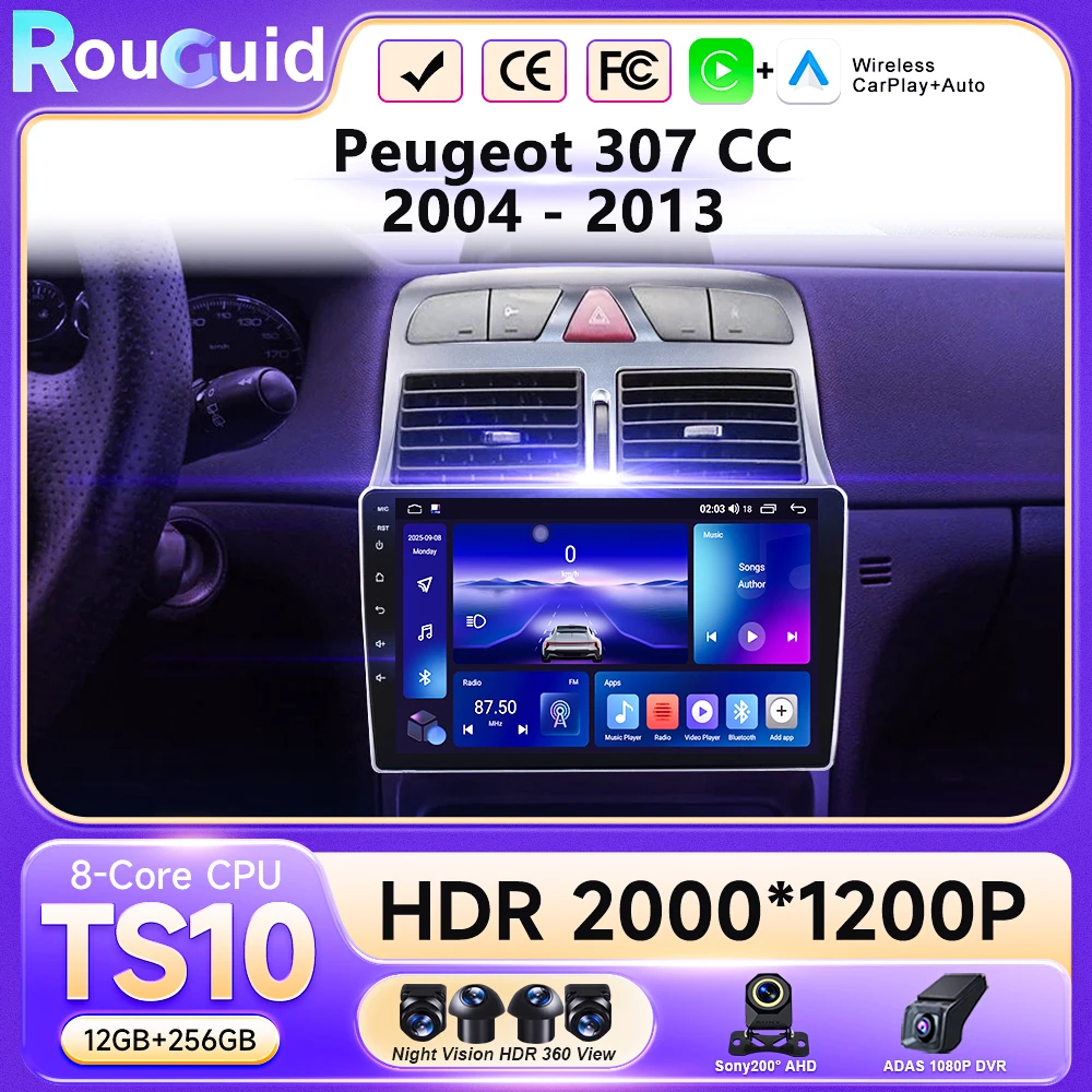 Android16 Carplay For Peugeot 307 SW 307CC 307SW 2002 2003 2004 2005 2006 2007 - 2013 Multimedia Car Radio Player WIFI+4G BT DSP
