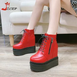 Women Platform Boots 12cm Wedges High Heels Red Black Ankle Boots Side Zipper 2026 Autumn Winter Woman Shoes