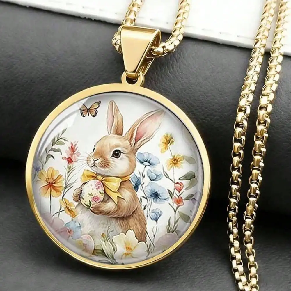 Easter Bunny Pendant Necklace, Gold Plated Stainless Steel, Watercolor Floral Rabbit & Egg Design, Daily Wear & Spring Holiday Gift Jewelry