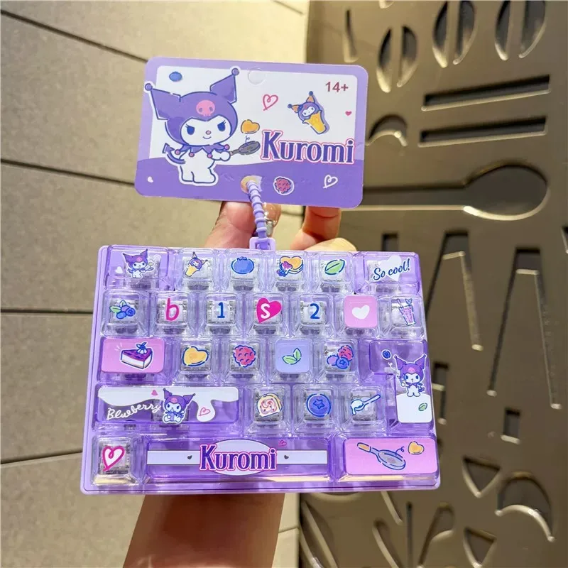 Sanrio Kuromi 26-key Keycap Clicker Keyboard Key Caps Keychains Cartoon Antistress Keycap Keychains Pendant Fidget Keyrings