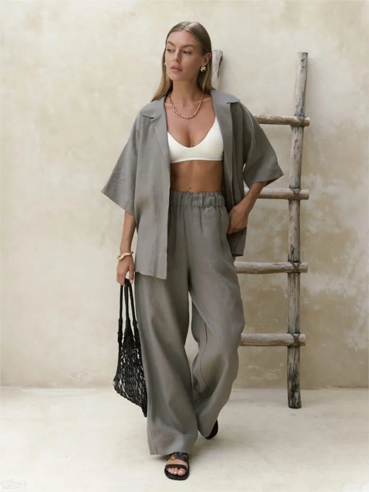 

2026 New Autumn Women's Suit Solid Color Stand-up Collar Shirt High-waisted Wide-leg Pants Elegant Two-piece Set Female