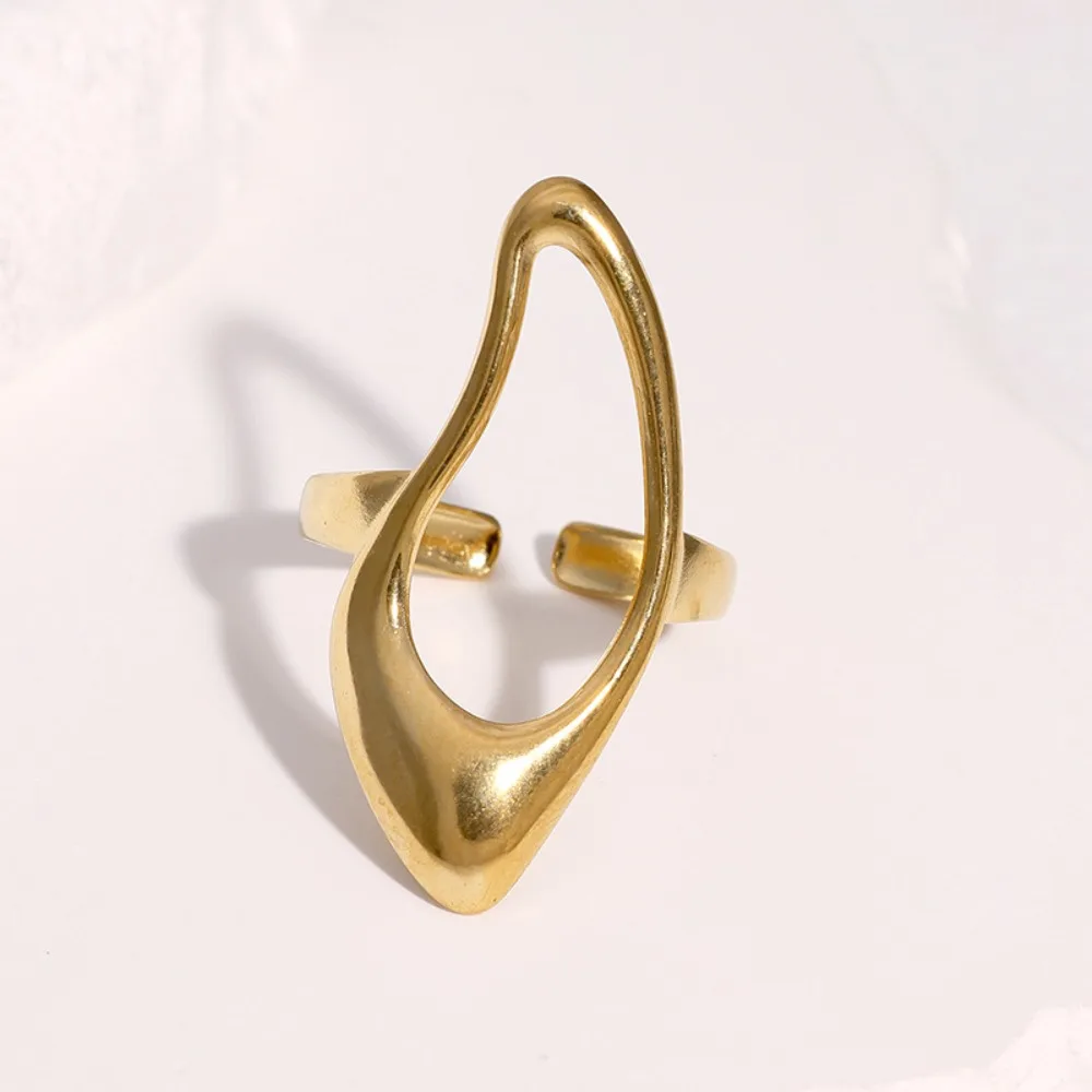 Minimalist Waterproof Stainless Steel Irregular Hollow Geometric Open Ring for Women Abstract Curved Adjustable Finger Jewelry