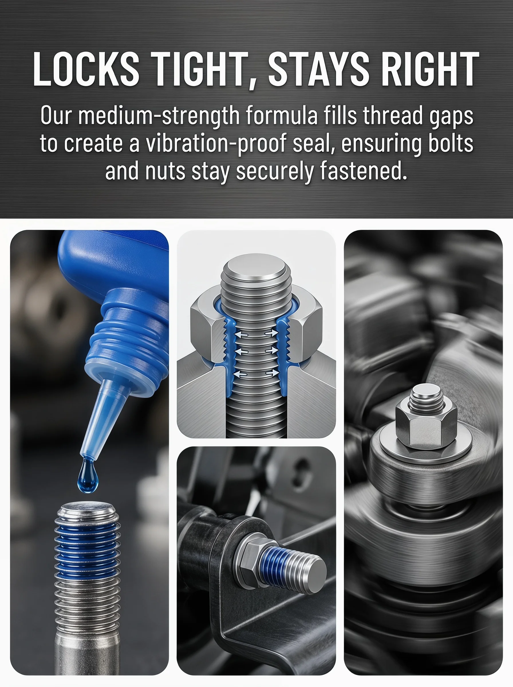 50ml Industrial Blue Medium Strength Threadlocker, Thread Sealant Compound That Fills Gaps, Fast-Curing Anaerobic Glue That Does Not Require Activator