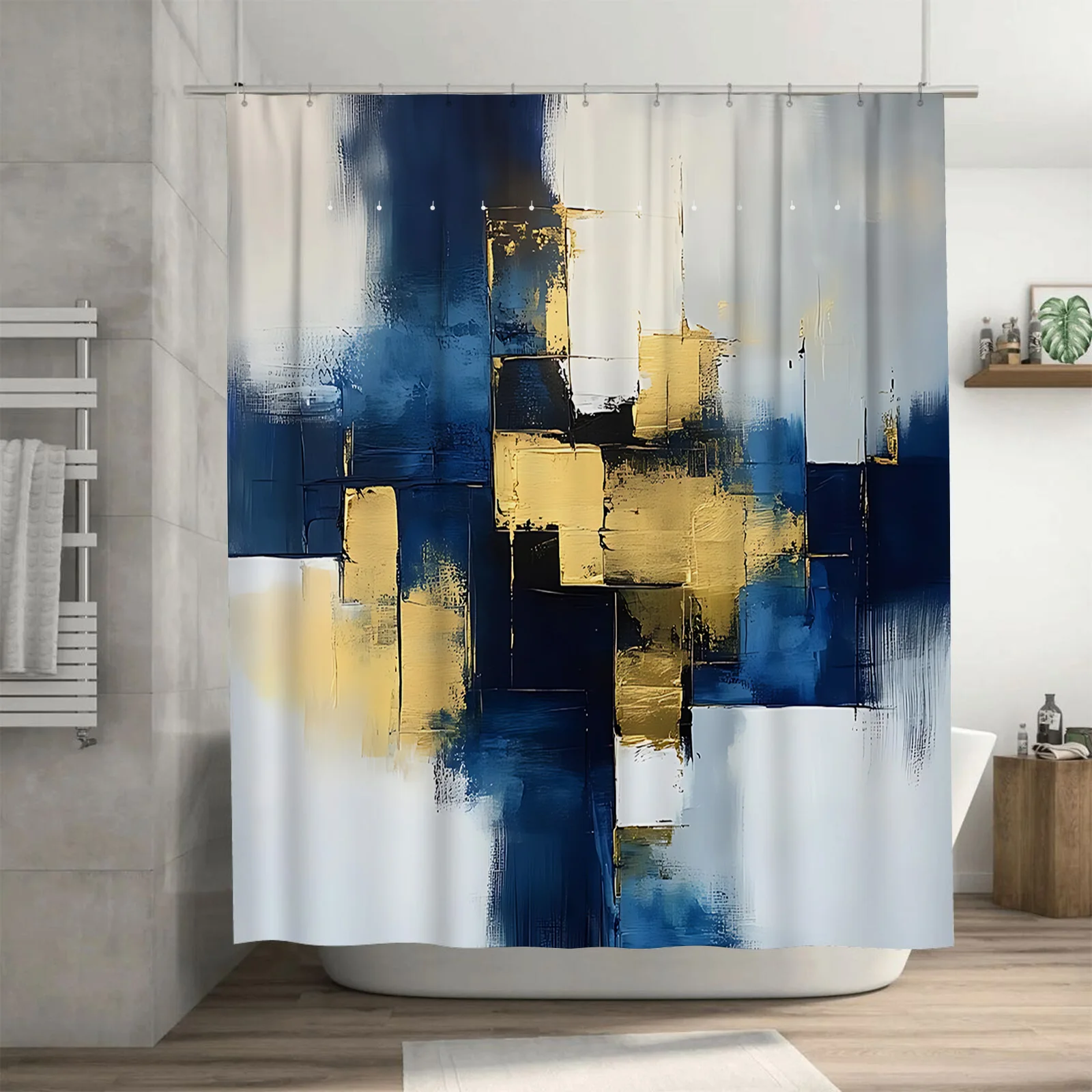 Abstract Art Shower Curtain for Bathroom Decor - Modern and Elegant Blue and Gold Design - Waterproof and Durable  Easy-Clean