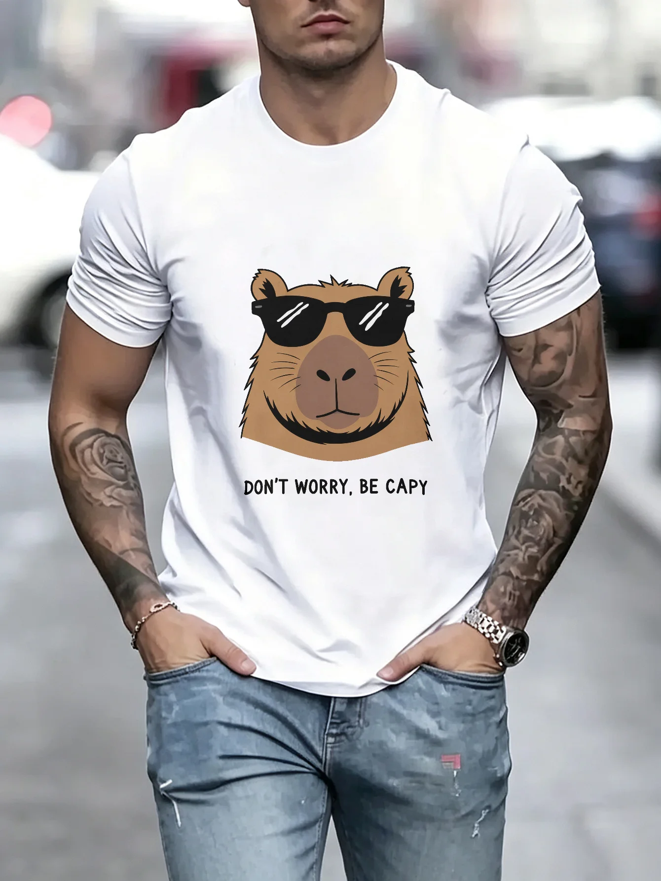 Unisex Casual TShirt, Cool Capybara Sunglasses Graphic, Funny Don't Worry Be Capy Print, Soft  Streetwear, Comfortable Short Sleeve Tee for Daily Wear
