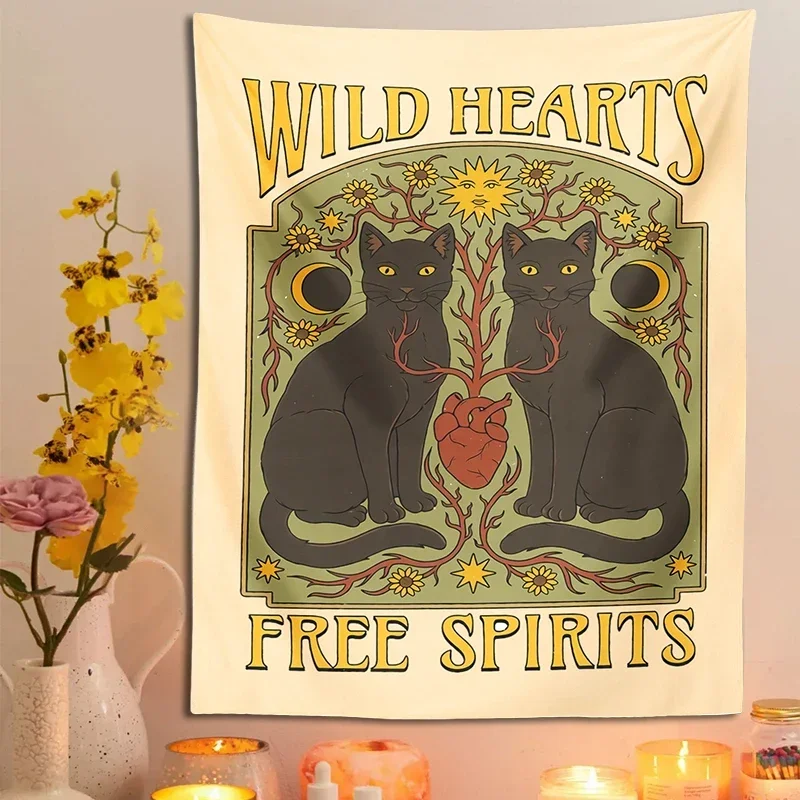 Cat Hearts Tapestry, Wild Hearts Floral Sun Moon Star Wall Hanging, Witchcraft Astrology Bedside Art for Home & Dorm Decor