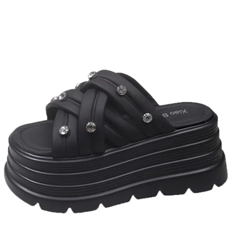 

Fashionable Thick Heel Slippers for Women Summer Outdoor Wear Diamond Cross 8cm Small Size Platform Sandals Slip-On Shoes