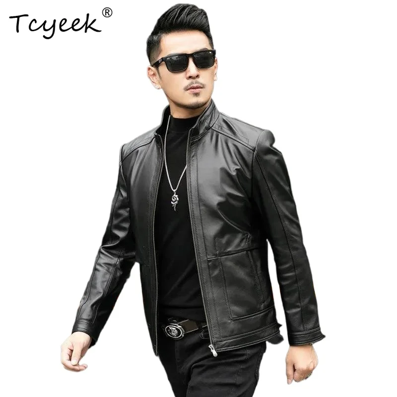 

Tcyeek Top Layer Cowskin Spring Autumn Korean Version of Stand Up Collar Short Men Genuine Leather Jacket Jaquetas Masculino