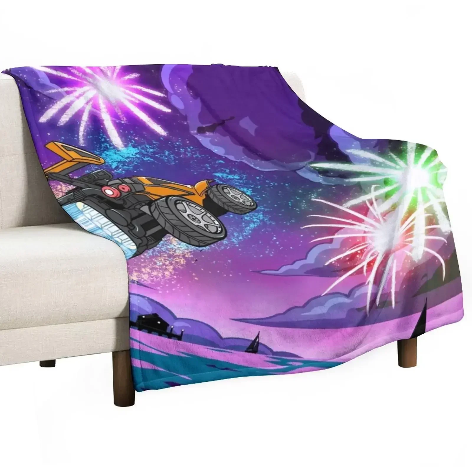 Flying car poster on fireworks background Throw Blanket Camping Beach Thermal Blankets