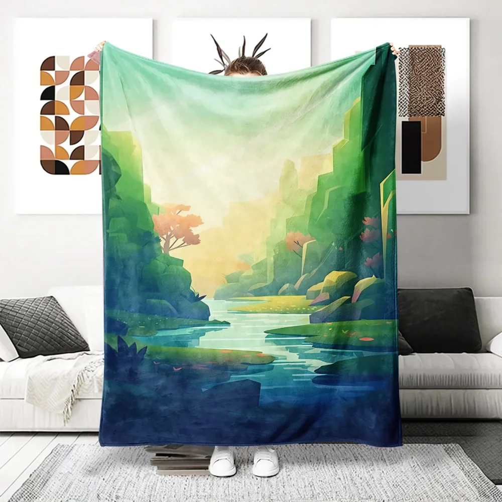 Serenity Green & Blue Landscape Flannel printed blanket suitable for all seasons suitable for living room office sofa and travel