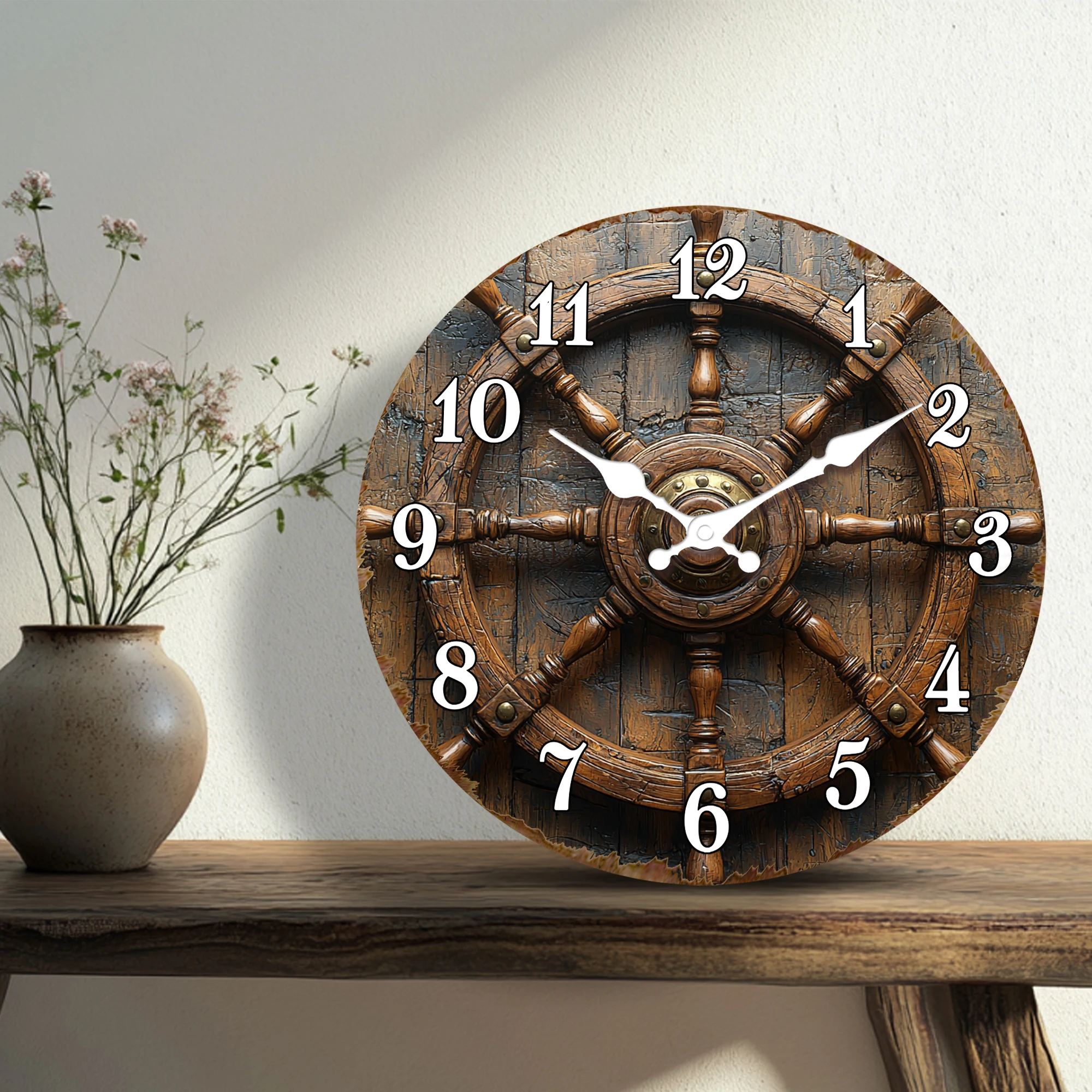 Antique Wooden Ship Steering Wheel Wall Clock - Nautical Decor for Office, Study, or Coastal Themed Room - Silent Sweep