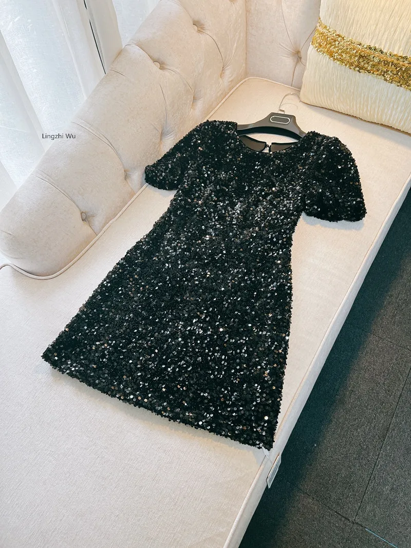 Lingzhi Wu Sequined Dress, Formal Dresses, Off the Back, Puff Sleeve, Slim, French, New Arrival, Black, Summer