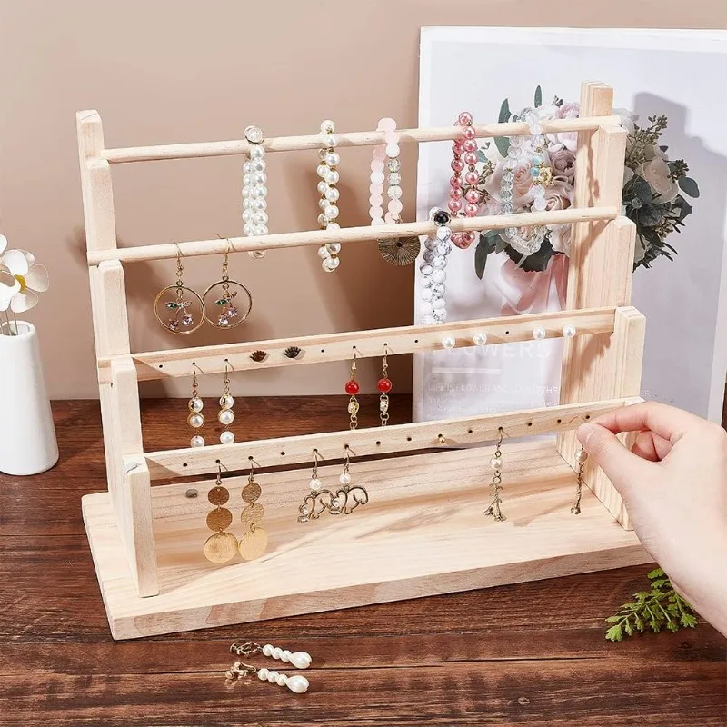 1set 4-Tier Wooden Earring Display Stand 28 Holes Wood Earring Jewelry Display Rack Jewelry Holder for Earring Necklace