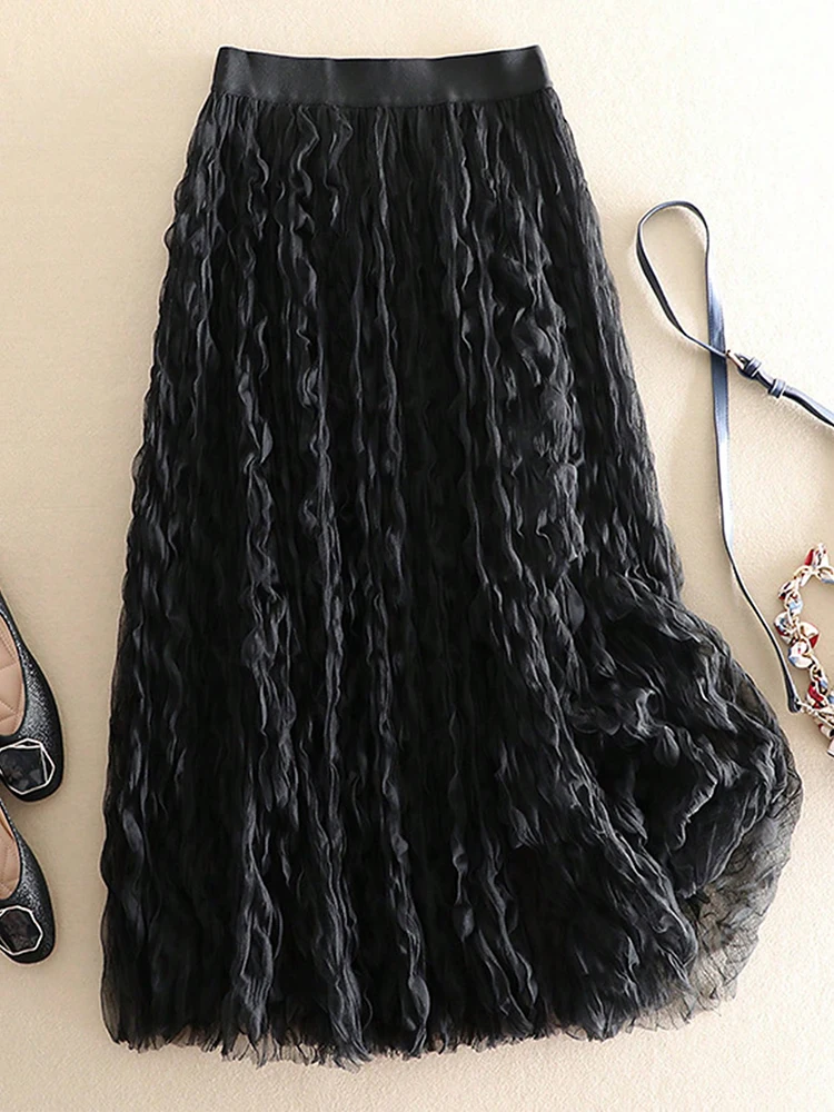 スタイリッシュな A ラインプリーツスカート女性のための高弾性ウエストソリッドブラック夏薄いロングスカート女性服女性のスカート