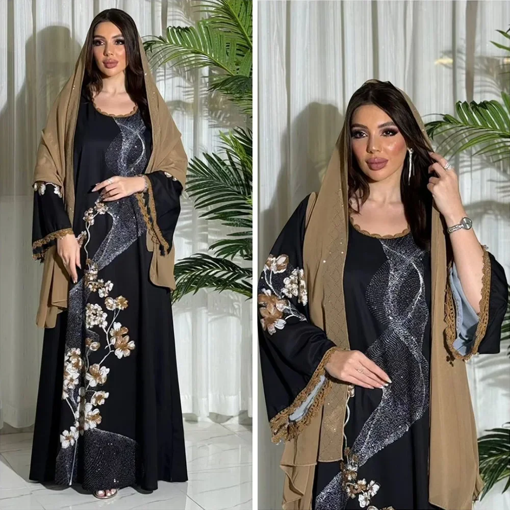 Print Casual Lace-up Arabian Dubai Abaya Fashion Muslim Dress Women Solid Party Holiday Long Sleeve Islamic Clothing with Belt