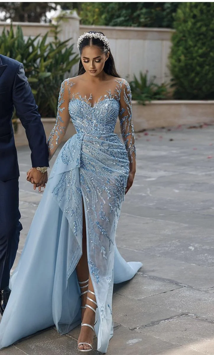 Elegant Navy Blue Special Celebrity Dress Round Neck Tulle Sequins Beaded Ruffles Trailing Women's Evening Gowns Customized