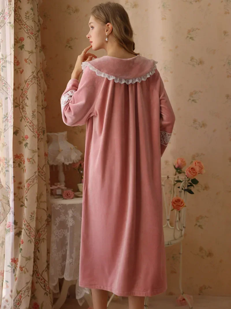 Women Fairy Sleepwear Night Dress Autumn Winter Cute Flannel Long Sleeve Sweet Girl French Princess Fleece Pajama Nightgowns