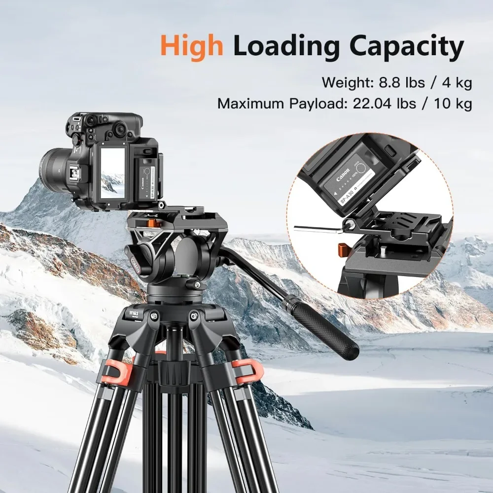 US Shipping Camera Tripod Heavy Duty Video Tripod with Fluid Head Aluminium Alloy Max Load 22 lbs for DSLR Camcorder