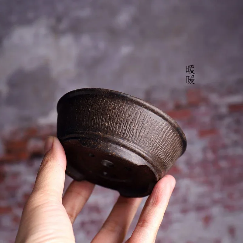 yesCeramic Circle Bowl Bonsai Pot Hand Carved Vertical Stripes Pattern Chinese  Garden Home Table Decoration