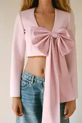 3D Big bow Pink Short Coat High Street Office Deep V-Neck Button Vestcoat Female chic vest 2024 New Fashion Tops