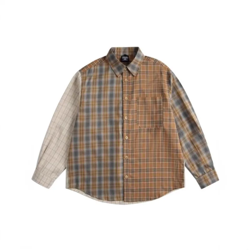 

2026 New Splice Plaid Shirts for Men Streetwear Fashion Men's Loose Casual Oversize Long Sleeve Shirt Spring Autumn Shirt Coat
