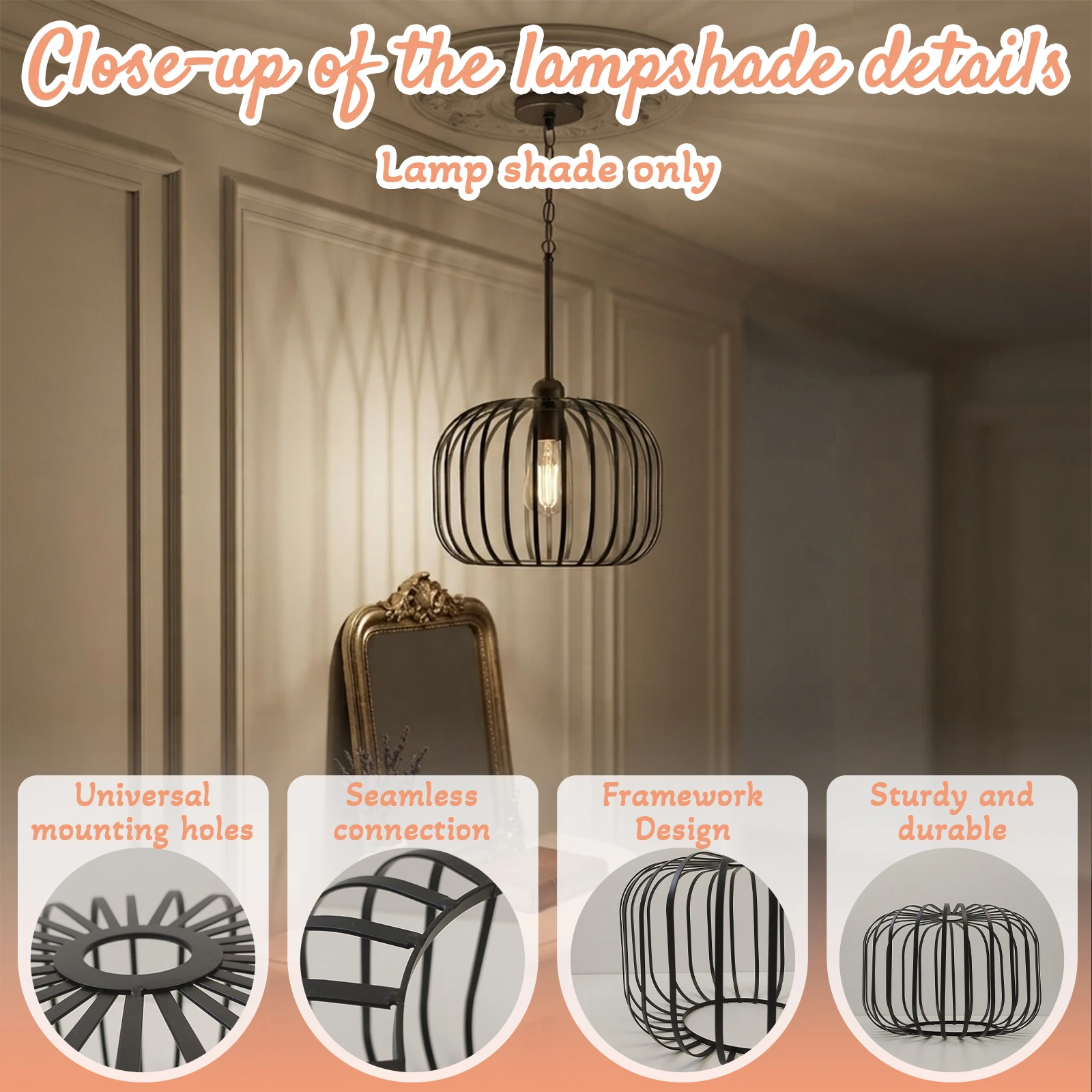 Black Metal Cage Lamp Shade, Pumpkin Wire Frame for Pendant Light Floor Lamp Replacement