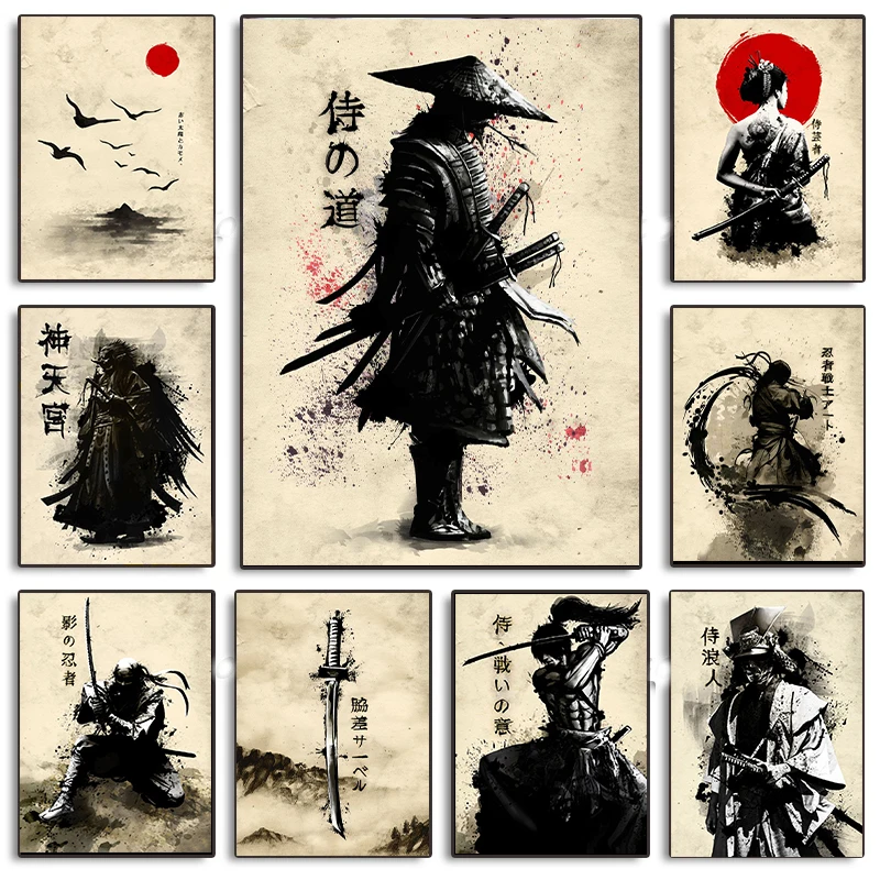 Samurai Oni Krieger Ninja Wakizashi Japan Sumi E Legende Leinwand Malerei Retro-Poster und Drucke Wand kunst Bild für Wohnkultur