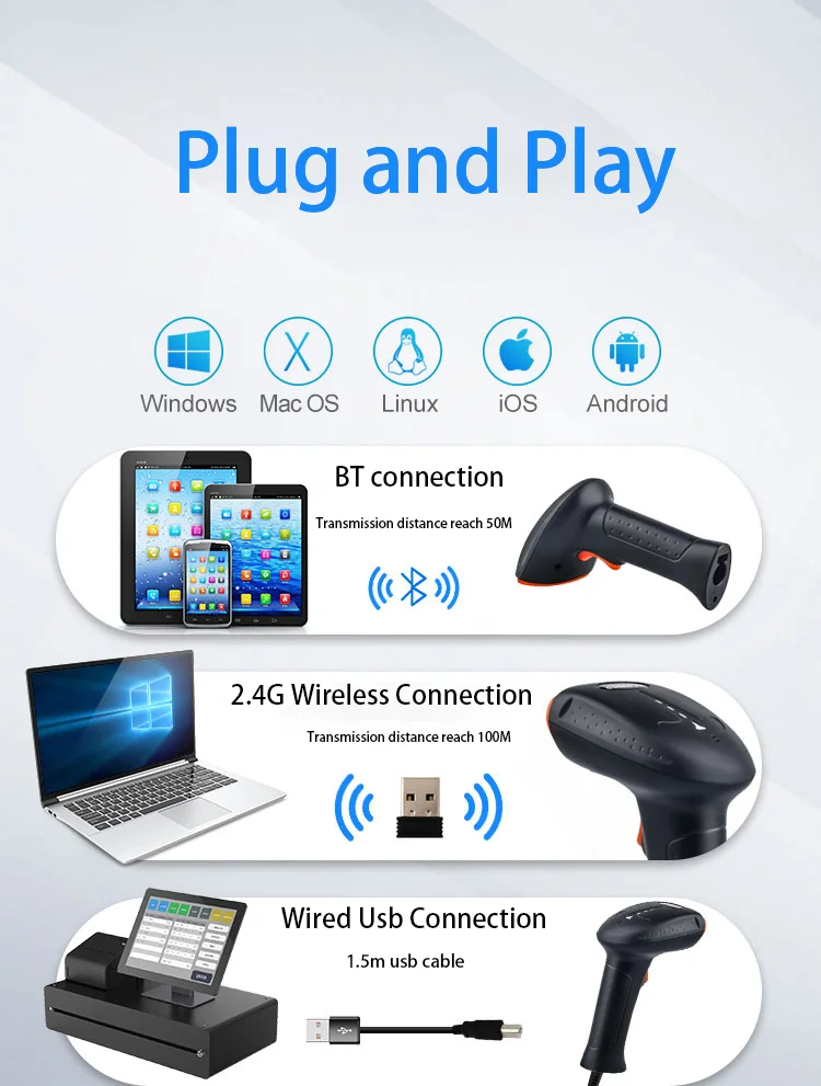 TA20G High Performance Handheld Barcode Reader 1D 2D Wireless Qr Bar Code Scanner for Supermarket Warehouse Inventory