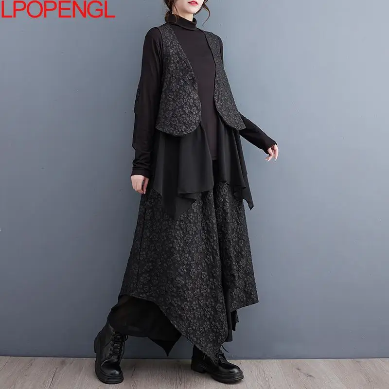 Woman Autumn And Winter New Vintage Temperament Jacquard Sleeveless Vest + Irregular Wide-leg Pants Streetwear Two-piece Suit