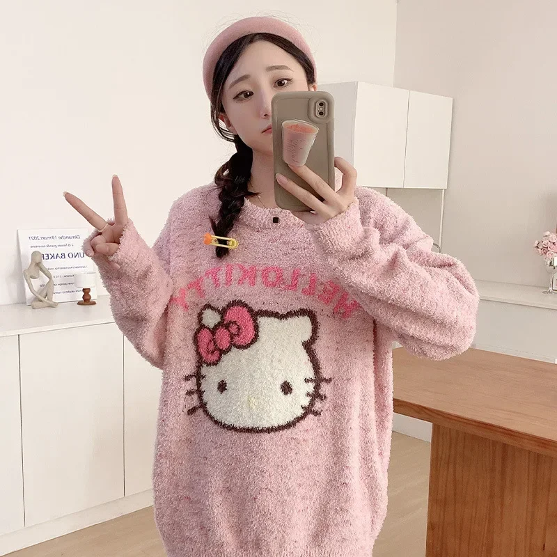 Pijamas de Hello Kitty, traje de invierno para mujer, ropa tejida de dos piezas para mujer, ropa de descanso Sanrio de dibujos animados, pijamas de mujer de Hello Kitty