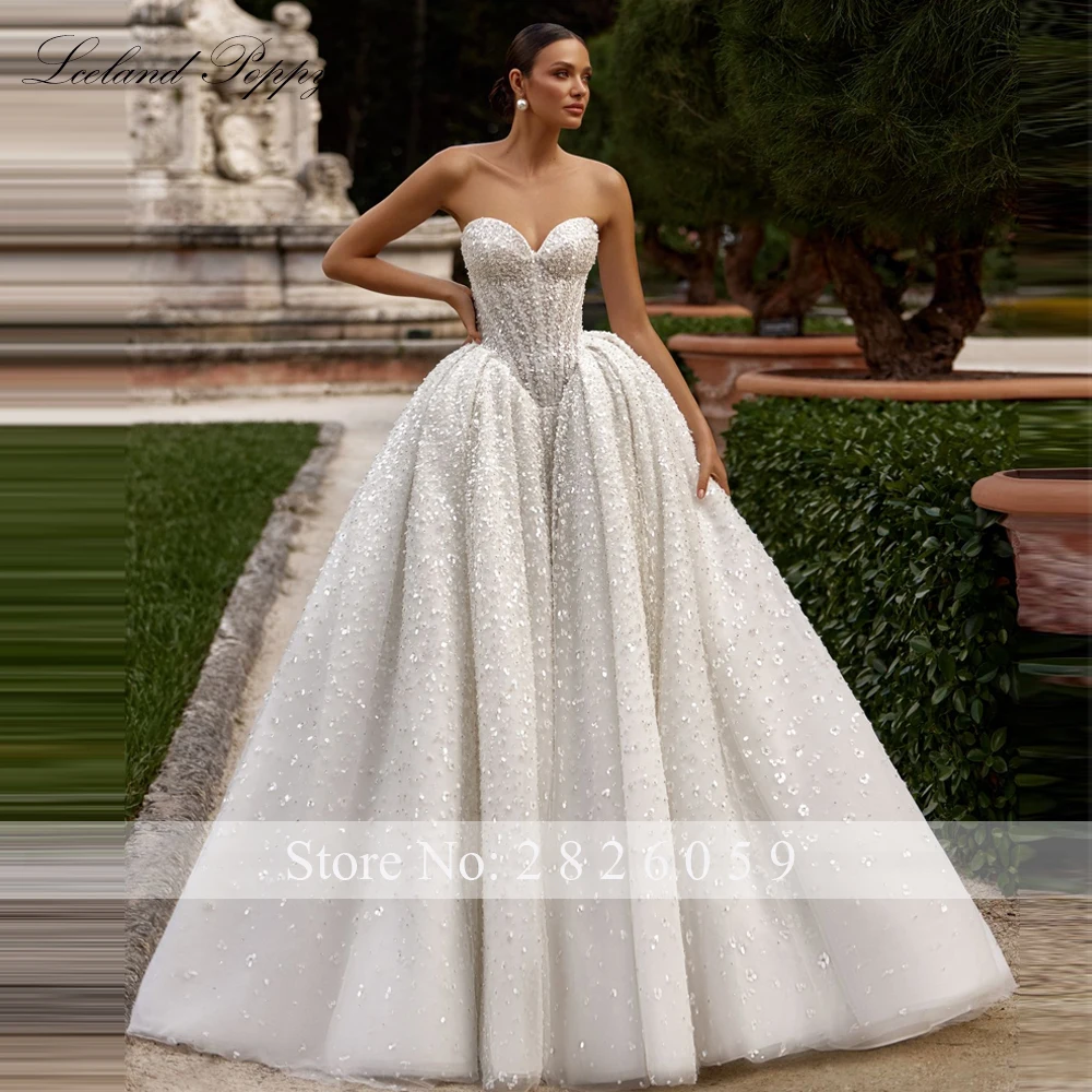 Lceland Poppy Customized A Line Strapless Lace Wedding Dresses Sleeveless Sequines Bridal Gowns with Court Train