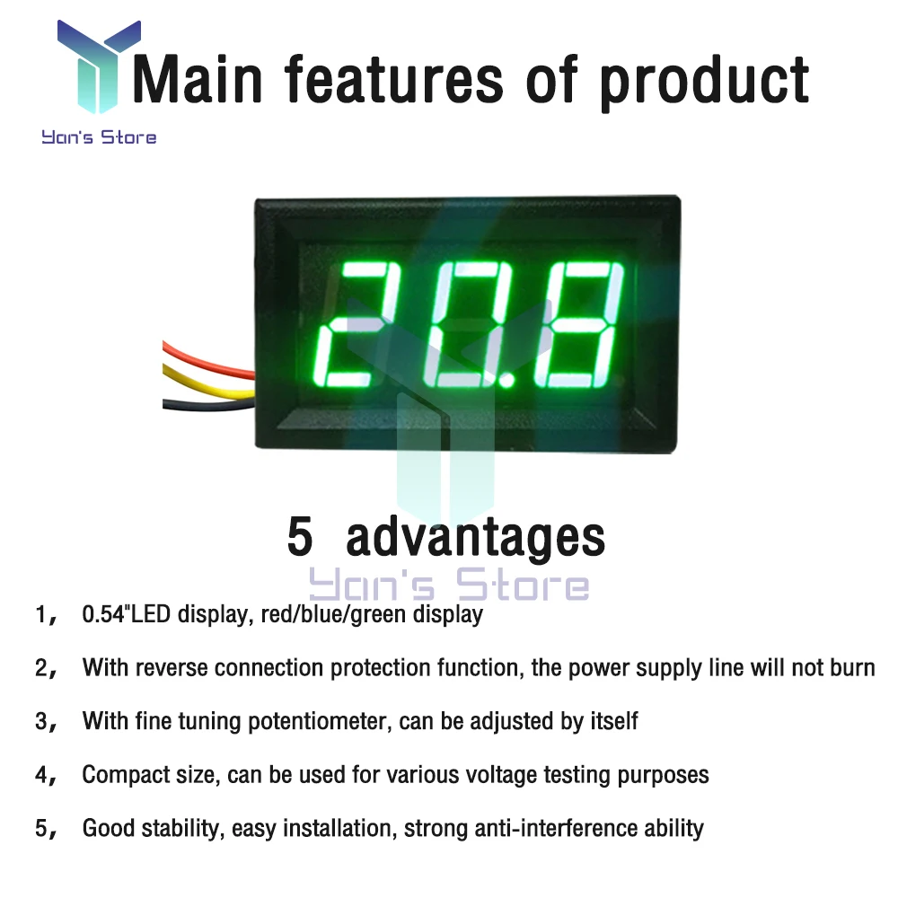 Imagem -02 - Volvolvoltímetro Digital 3-fio Detector de Tensão Volt Painel Medidor Testador Vermelho Azul Verde Display Led dc 0600v 0.56